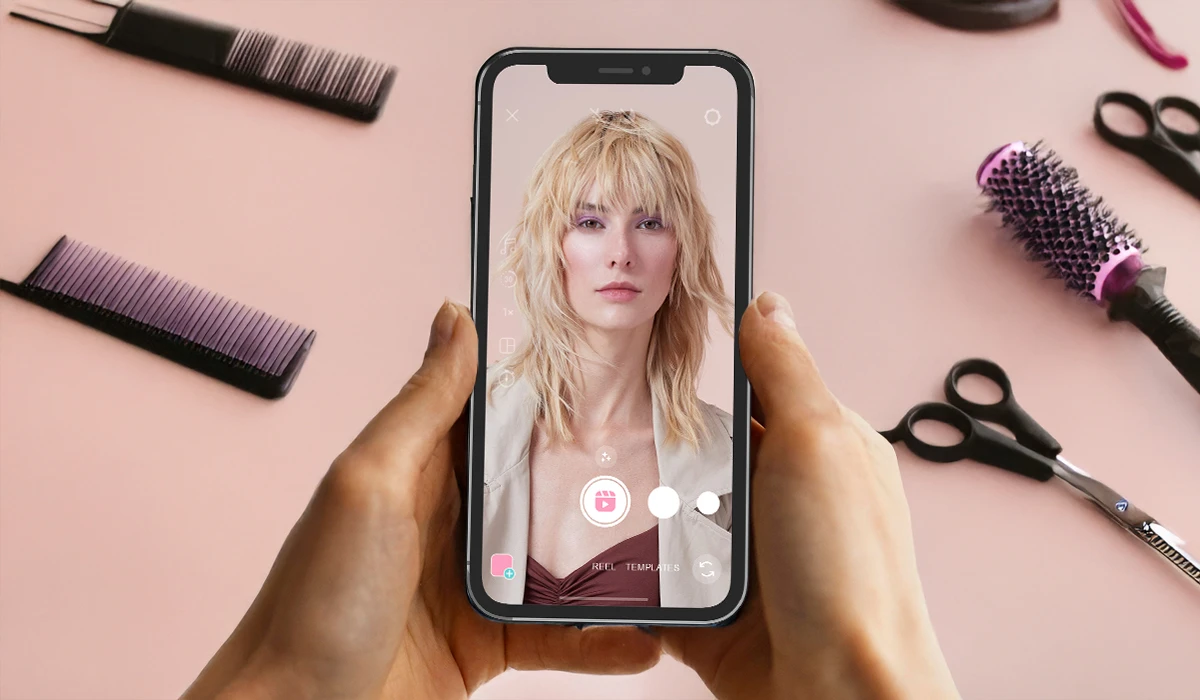 Promowany post z modelką i narzędziami fryzjerskimi